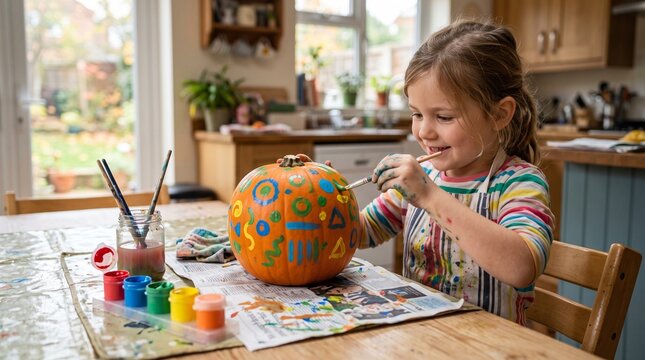 Happy little girl painting colorful geometric shapes on a pumpkin. Child doing messy autumn arts and crafts at a kitchen table