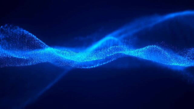 Glowing blue particle waves flow across a dark abstract digital field. Technology presentations, digital interface, and science explainers.
