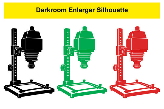 Darkroom enlarger silhouette icon collection in black green and red for professional photo studios.