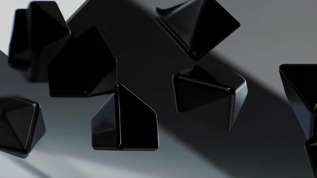 Black geometric shapes drift and rotate across a gray surface in dramatic light. Technology branding, luxury advertising, and architectural promotion.