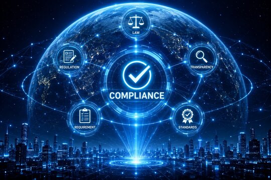 Global compliance concepts including law, regulation, and transparency over a digital earth.