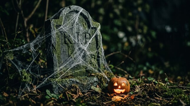 Glowing Jack O Lantern next to Old Tombstone with Cobwebs in Dark Forest