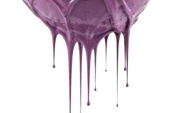 Thick purple paint dripping downward from a rounded surface with smooth texture and glossy finish isolated on a transparent background