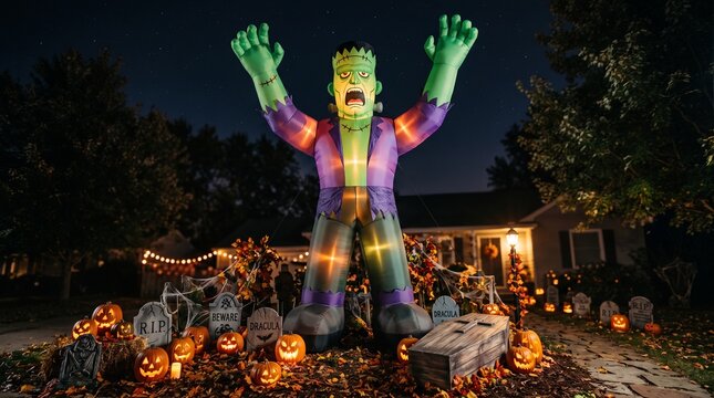 Giant inflatable Frankenstein monster standing in a Halloween decorated front yard at night.