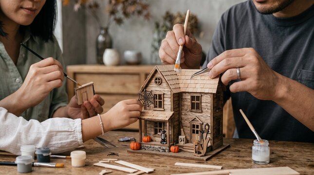 Diverse family assembling wooden haunted house model together indoors
