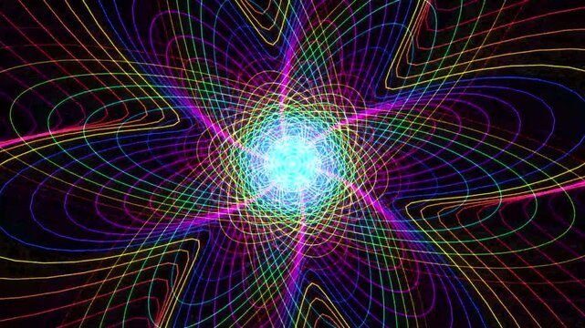 Abstract background with glowing neon rainbow lines forming a complex geometric star pattern
