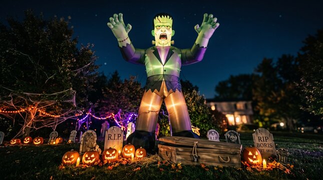 Giant inflatable Frankenstein monster standing on front yard lawn for Halloween