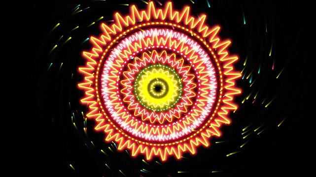 Abstract neon glowing mandala pattern with zigzag light lines and particles on black background
