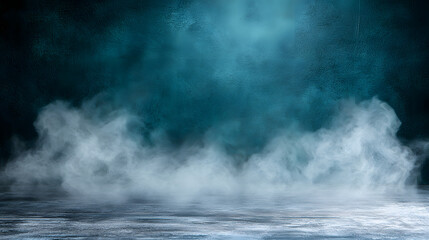 Fototapeta premium Dark Blue Studio Background with Thick White Smoke Overlay on Concrete Floor for Product Presentation