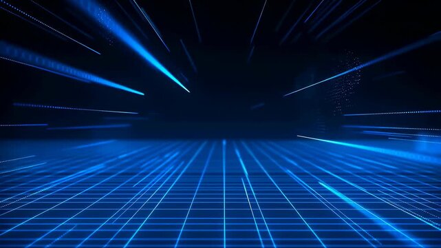 Blue digital grid with radiating light streaks in a futuristic space. Technology presentations, cybersecurity campaigns, and software promotion.