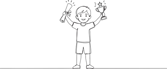 Obraz premium continuous line drawing of a child showing a certificate and trophy. one line drawing of an outstanding child. one line Icon drawing