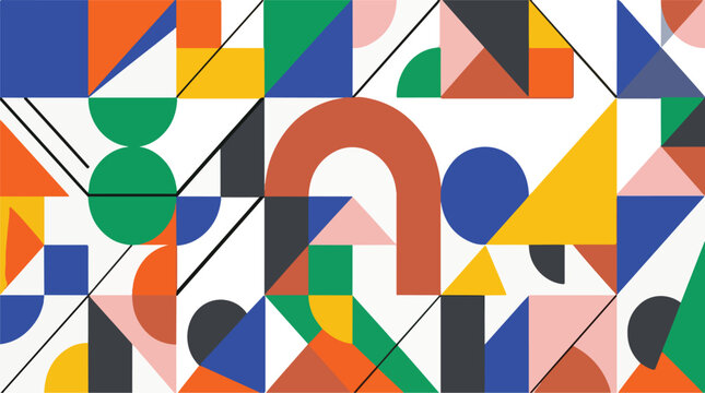 Colorful geometric pattern featuring various abstract shapes such as triangles circles squares and arches over white background