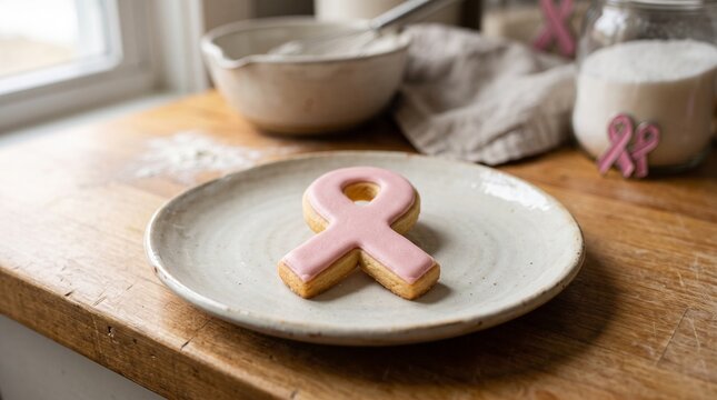 Pink ribbon shaped cookie with icing on a rustic plate. Homemade baking for breast cancer awareness bake sale and charity fundraising concept