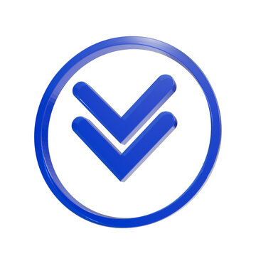 Glossy 3D blue double down arrow icon inside a circular frame isolated on a white background for web design