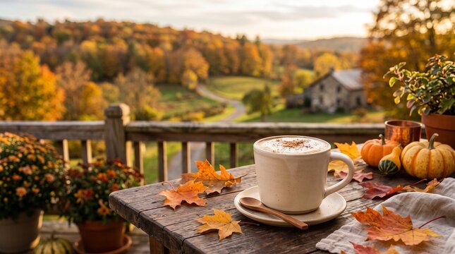 Pumpkin spice latte on a wooden outdoor table with autumn leaves and small pumpkins. Scenic fall landscape background with colorful trees and country house at golden hour