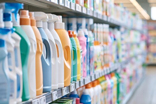 Cleaning products and detergents lined on supermarket shelf