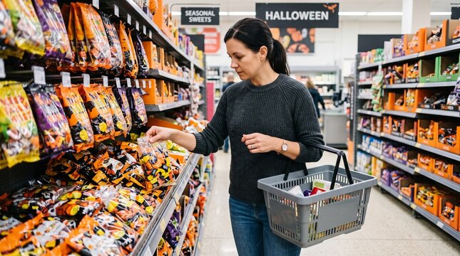 Woman shopping for Halloween candy in grocery store aisle. Female customer choosing seasonal treats and snacks with a shopping basket