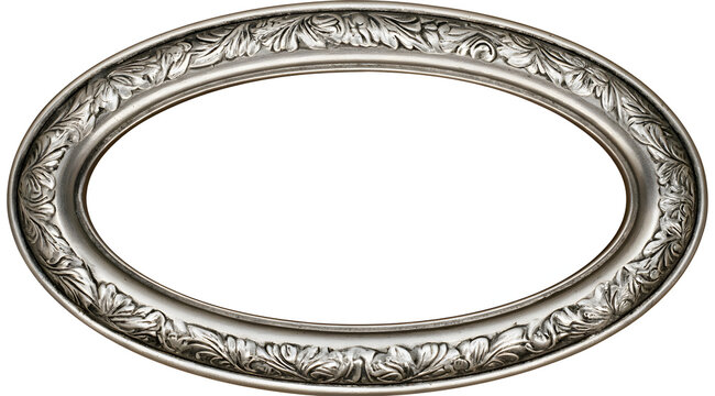 Silver oval picture frame with intricate carving on a see-through base