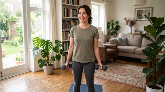 Smiling mature woman exercising with dumbbells at home. Healthy lifestyle and fitness workout in bright living room