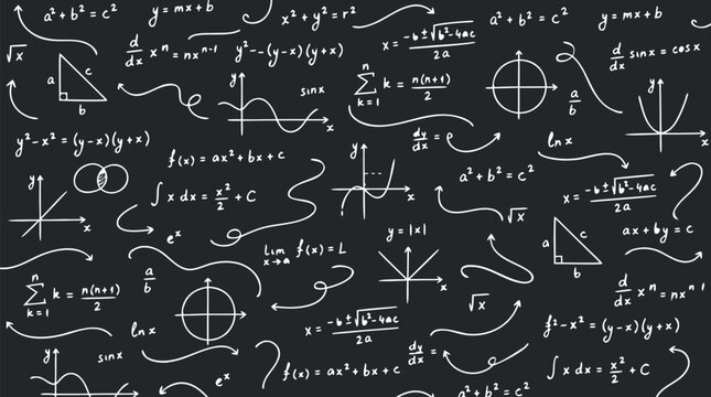 Seamless tileable pattern featuring handwritten mathematical formulas, equations, and curved connecting lines in white chalk on dark blackboard, including calculus, algebra, geometry, and