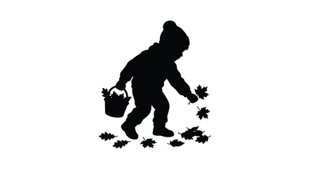 Fototapeta premium Child silhouette carrying basket and reaching for falling leaves on white background