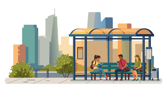 Modern bus stop shelter with translucent roof and bench in busy city, three diverse commuters waiting, reading and using smartphone, tall buildings background, flat vector illustration
