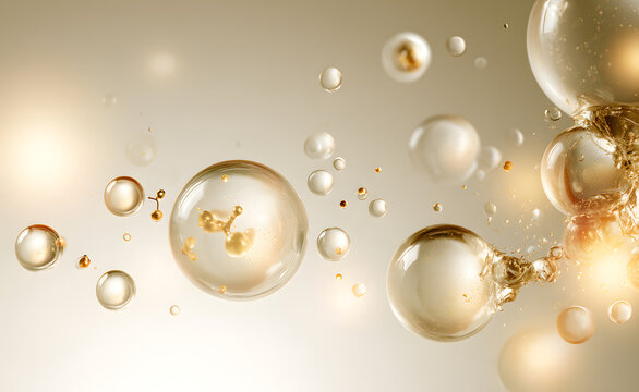 A 3D bio cosmetic lab background featuring a gold molecule in a translucent liquid bubble. Drops of a collagen peptide serum containing hyaluronic acid, alongside a hair oil enriched with argan and bi