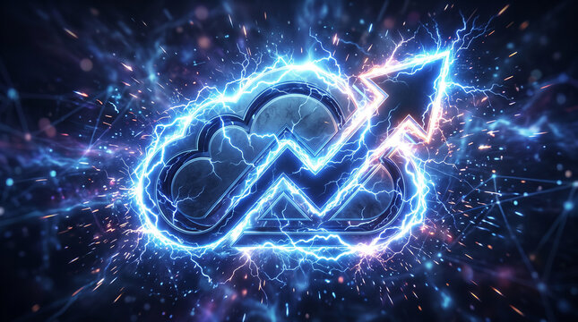 Glowing cloud icon with upward pointing arrow wrapped in bright electric blue sparks and energy