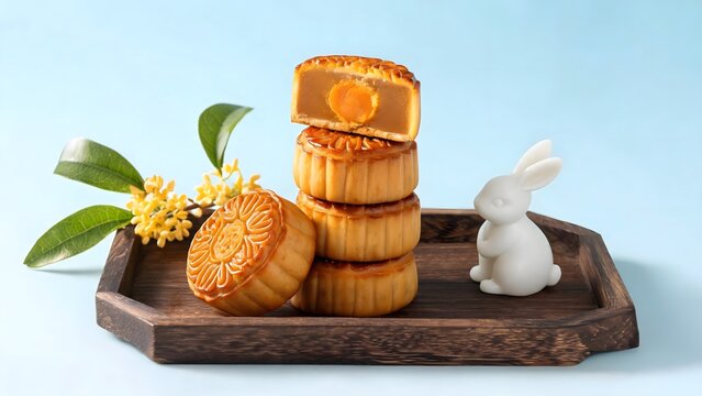 Mooncakes stacked on wooden tray with osmanthus flowers and rabbit