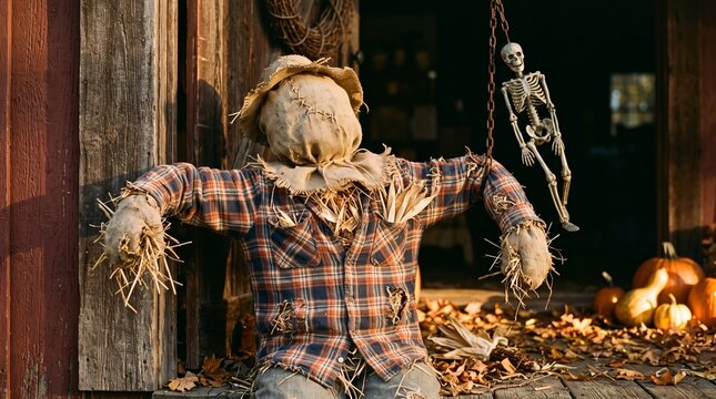 Rustic scarecrow in plaid shirt with hanging skeleton and pumpkins on wooden porch