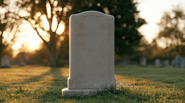 Blank decorative granite headstone at sunset in a tranquil green cemetery with warm backlighting