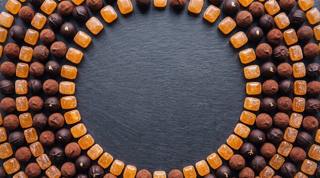 Truffles and caramel candies are arranged in a circular frame on a dark slate background with central copy space.
