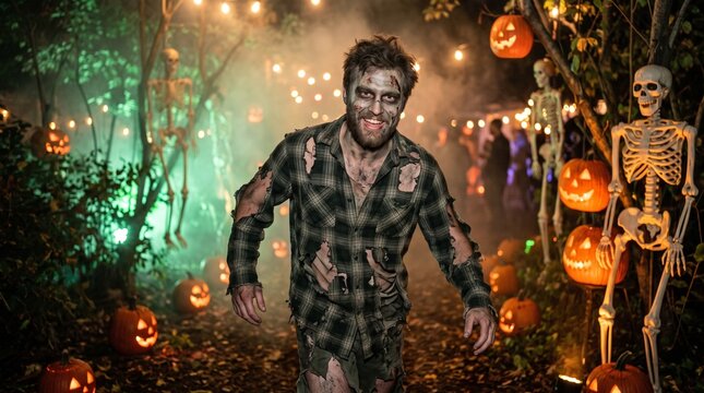 Man dressed in zombie costume walking through spooky outdoor Halloween decorations.