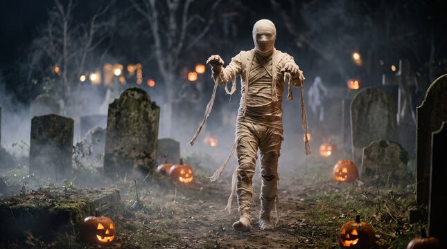 Scary mummy walking through foggy graveyard with glowing jack-o'-lanterns at night.