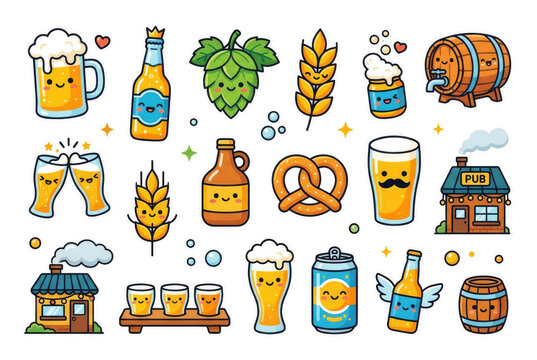 Set of cute beer and brewery stickers with bottles, glasses and hops. Concept of craft beer celebration. PNG