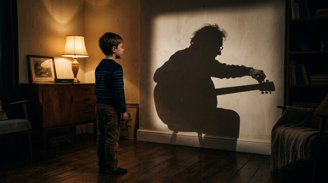 Boy watches shadow of man playing guitar on wall, imagination concept