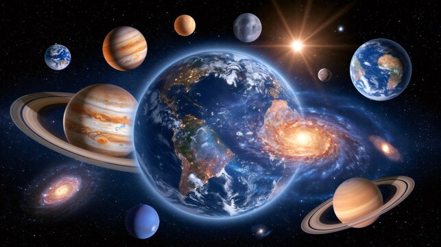 Earth and solar system planets surrounding a galaxy