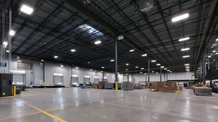 Obraz premium Large industrial warehouse interior with high ceiling exposed beams and bright overhead lighting illuminating concrete floor and stacked materials