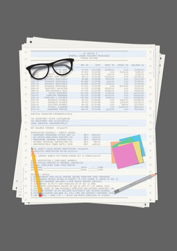 Retro 80s accounting vector background. Top view of continuous feed dot matrix printer paper pile with financial report, retro glasses, and pencils. Classic vintage office report concept.