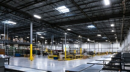 Obraz premium Large industrial warehouse interior with high ceiling metal beams fluorescent lighting and conveyor systems for material handling