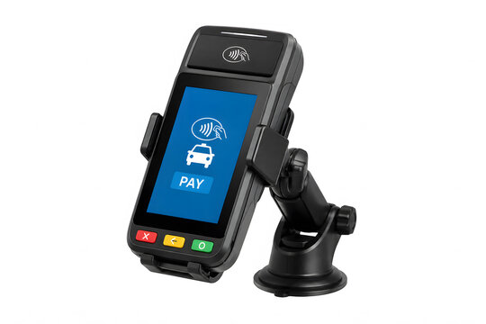 Contactless payment terminal mounted on suction holder on white  