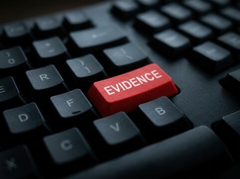 Red Evidence Key On A Black Computer Keyboard Illustrates Digital Forensics And Information
