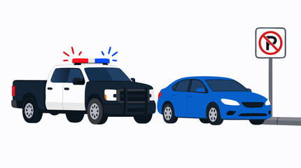 Fototapeta premium Black and white police truck with red and blue emergency flashing lights ticketing blue sedan parked at curb beside no parking sign, law enforcement traffic violation flat vector illustration