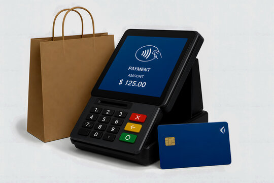 Contactless payment terminal with bank card and paper shopping bag  