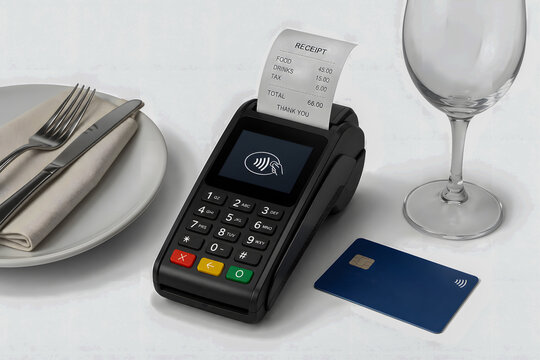 Payment terminal with receipt beside plate, wine glass, and bank card  