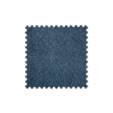 Square swatch of dark blue denim fabric with zigzag pinked edges showing a classic heavy cotton weave texture