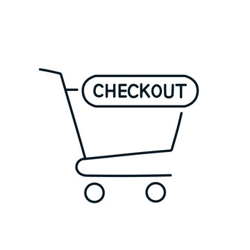 Shopping cart with checkout button line art vector icon, e commerce online store purchase symbol