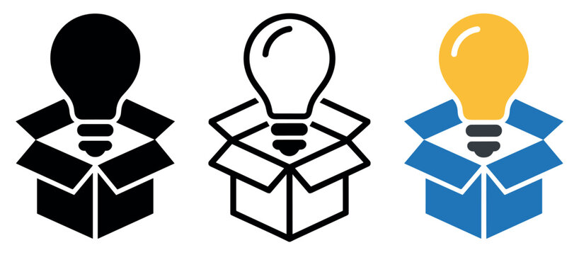 Think Outside the Box: Three stylized icons depict a lightbulb emerging from an open box, symbolizing innovation, creativity, and new ideas.