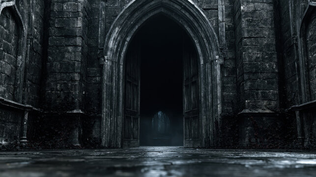 Monumental gothic stone entrance with towering pointed arch opening into a dark cathedral interior with faint blue light