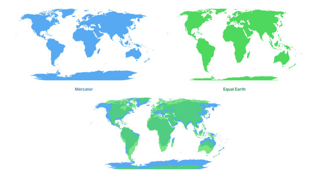 Comparison of Mercator and Equal Earth world map projections shown in blue and green vector illustration. area representation of continents for geography education, cartography. atlas design concept.